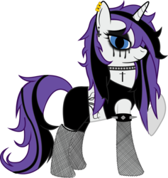 Size: 819x865 | Tagged: safe, artist:raven-kipper, rarity, pony, unicorn, g4, choker, clothes, cross, ear piercing, eyeliner, female, fishnet stockings, hair over one eye, lidded eyes, looking at you, makeup, mare, metal, piercing, raised hoof, running makeup, simple background, smiling, solo, spiked choker, spiked wristband, stockings, tattoo, thigh highs, transparent background