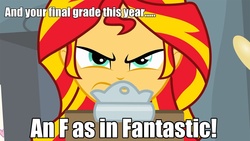 Size: 1024x576 | Tagged: safe, edit, sunset shimmer, equestria girls, g4, angry, caption, clipboard, female, image macro, meme, solo