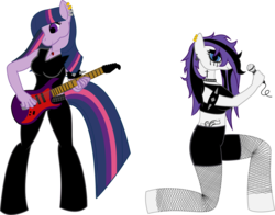 Size: 1468x1149 | Tagged: safe, artist:raven-kipper, rarity, twilight sparkle, anthro, g4, fishnet stockings, guitar, metal, microphone, piercing, spiked wristband