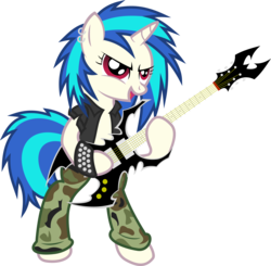 Size: 3497x3424 | Tagged: safe, artist:sulyo, dj pon-3, vinyl scratch, pony, g4, bipedal, camo pants, female, guitar, metal, piercing, sabaton, solo, spiked wristband