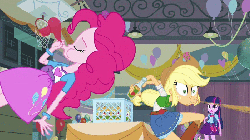 Size: 700x393 | Tagged: safe, screencap, applejack, spike, twilight sparkle, dog, equestria girls, g4, my little pony equestria girls, animated, apple cider, balloon, boots, clothes, cowboy boots, shoes, skirt, spike the dog, spit take