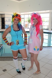 Size: 3168x4752 | Tagged: safe, photographer:sailorhaschopstickss, pinkie pie, rainbow dash, human, g4, ama-con, cosplay, hand on hip, irl, irl human, multicolored hair, photo, rainbow hair