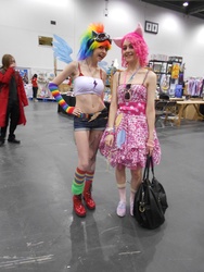 Size: 3240x4320 | Tagged: safe, artist:nes-chick, artist:timatae, pinkie pie, rainbow dash, human, g4, belly button, clothes, convention, cosplay, daisy dukes, goggles, irl, irl human, london expo, london mcm expo, midriff, photo