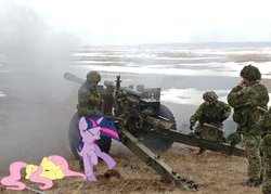 Size: 900x643 | Tagged: safe, artist:cplhenderson, fluttershy, twilight sparkle, human, g4, artillery, cadpat, canada, eyes closed, howitzer, irl, irl human, military, open mouth, photo, ponies in real life, prone, scared