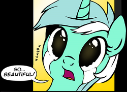 Size: 473x342 | Tagged: safe, artist:zoarvek, edit, lyra heartstrings, pony, unicorn, g4, bust, cropped, crying, dialogue, female, gasp, it's beautiful, open mouth, portrait, reaction image, solo, talking