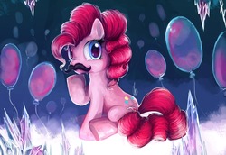 Size: 1280x879 | Tagged: safe, artist:eiolf, pinkie pie, earth pony, pony, g4, balloon, crystal, female, looking at you, looking back, looking back at you, moustache, solo