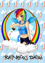 Size: 707x1000 | Tagged: safe, artist:yutaki, rainbow dash, human, g4, belly button, female, humanized, midriff, pixiv, solo, winged humanization