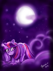 Size: 2448x3264 | Tagged: safe, artist:marusonohara, twilight sparkle, g4, cloud, moon, on a cloud, sparks, standing on a cloud