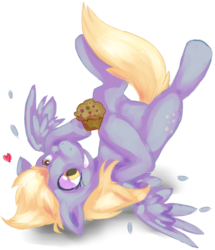 Size: 789x917 | Tagged: safe, artist:sweeglie, derpy hooves, pegasus, pony, g4, female, happy, heart, mare, muffin, solo, upside down