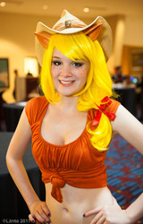 Size: 575x900 | Tagged: safe, artist:mollyisacatlady, applejack, human, g4, belly button, cosplay, front knot midriff, irl, irl human, midriff, photo