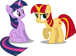 Size: 7402x5485 | Tagged: safe, artist:austiniousi, sunset shimmer, twilight sparkle, pony, unicorn, g4, absurd resolution, alternate hairstyle, duo, duo female, female, mare, pouting, simple background, transparent background, unicorn twilight, vector