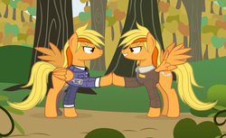 Size: 3316x2034 | Tagged: safe, alternate version, artist:ruhisu, oc, oc:brave wing, pegasus, pony, autumn, brothers, clothes, crossover, eye contact, fanfic, forest, grin, headband, hoofbump, iron moon, jacket, prosthetics, smiling, smirk, soldier, spread wings, uniform