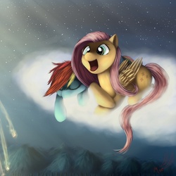 Size: 1200x1200 | Tagged: safe, artist:miokomata, fluttershy, rainbow dash, g4, cloud, fireworks, night