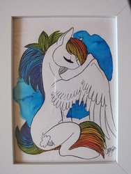Size: 526x701 | Tagged: safe, artist:casynuf, rainbow dash, g4, black and white, female, frame, grayscale, monochrome, partial color, solo, spread wings, traditional art