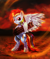 Size: 915x1084 | Tagged: dead source, safe, artist:lova-gardelius, rainbow dash, pegasus, pony, g4, badass, female, gun, mare, red, solo, spread wings, toothpick, wings