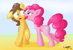 Size: 1500x1024 | Tagged: safe, artist:laptopgun, caramel, pinkie pie, g4, licking, tongue out