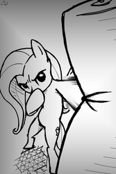Size: 730x1095 | Tagged: safe, artist:cosmicwaltz, fluttershy, g4, female, monochrome, punching bag, solo, traditional art