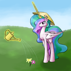 Size: 1000x1000 | Tagged: safe, artist:php131, artist:spaerk, princess celestia, alicorn, pony, g4, adorkable, asian conical hat, collaboration, cute, cutelestia, dork, female, flower, hat, magic, mare, solo, telekinesis, water