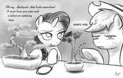 Size: 1024x655 | Tagged: safe, artist:topgull, applejack, rarity, earth pony, pony, unicorn, g4, bonsai, dialogue, duo, gardening, grayscale, monochrome, sarcasm