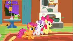 Size: 853x480 | Tagged: safe, screencap, apple bloom, fluttershy, scootaloo, sweetie belle, earth pony, pegasus, pony, unicorn, g4, stare master, animated, butt scootin', cutie mark crusaders, female, filly, fluttershy's cottage, foal, mare, sitting