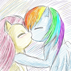Size: 500x500 | Tagged: artist needed, safe, fluttershy, rainbow dash, pegasus, pony, g4, duo, female, kiss on the lips, kissing, lesbian, mare, ship:flutterdash, shipping