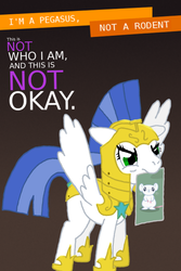 Size: 600x899 | Tagged: safe, artist:hakar-kerarmor, oc, oc only, oc:arrowhead, mouse, ask four inept guardponies, angry, female, frown, glare, guardsmare, mare, meme, mouth hold, royal guard, solo, spread wings, we're a culture not a costume