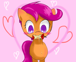 Size: 1500x1215 | Tagged: safe, artist:yamasuna, scootaloo, pony, g4, owl's well that ends well, apple, apple core, blushing, drool, eating, female, heart, heart eyes, implied rainbow dash, pixiv, solo, wingding eyes