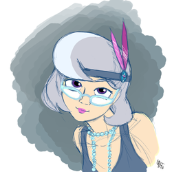 Size: 800x800 | Tagged: safe, artist:aa, silver spoon, human, g4, alternate hairstyle, bobcut, breasts, busty silver spoon, fashion, female, flapper, glasses, humanized, light skin, lipstick, necklace, older, older silver spoon, sexy, solo