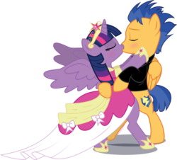 Size: 5748x5201 | Tagged: safe, artist:benybing, flash sentry, twilight sparkle, alicorn, pegasus, pony, g4, absurd resolution, bipedal, clothes, coronation dress, crown, dress, duo, element of magic, eyes closed, female, jewelry, kiss on the lips, kissing, male, mare, regalia, ship:flashlight, shipping, simple background, stallion, straight, transparent background, twilight sparkle (alicorn), wings