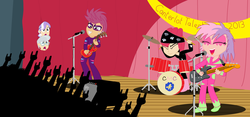Size: 1305x612 | Tagged: safe, artist:garretthegarret, apple bloom, diamond tiara, scootaloo, silver spoon, sweetie belle, equestria girls, g4, cutie mark crusaders, devil horn (gesture), drums, electric guitar, guitar, human coloration, musical instrument, show stopper outfits