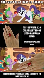Size: 539x950 | Tagged: safe, edit, edited screencap, screencap, rarity, spike, pony, unicorn, g4, season 2, secret of my excess, 20 carat ruby, female, fire ruby, gem, hand, headcanon, mare, ring, ruby, size chart, size comparison, speculation