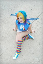 Size: 518x774 | Tagged: safe, artist:pockyfairy, rainbow dash, human, g4, clothes, converse, cosplay, irl, irl human, leg warmers, photo, shorts, sneakers, solo