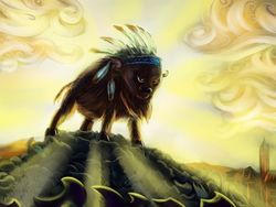 Size: 1584x1188 | Tagged: dead source, safe, artist:viwrastupr, chief thunderhooves, bison, buffalo, g4, appleloosa, backlighting, clock tower, cloud, male, solo