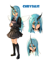 Size: 700x990 | Tagged: safe, artist:bakki, queen chrysalis, human, g4, clothes, female, glasses, humanized, kneesocks, miniskirt, necktie, school uniform, schoolgirl, shoes, skirt, socks, solo