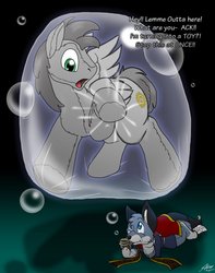 Size: 1011x1280 | Tagged: safe, artist:catmonkshiro, oc, oc only, oc:gearhead, oc:trask, pony, bubble, furry, furry oc, inanimate tf, male, one wing out, plushie, stallion, transformation, trapped, wings