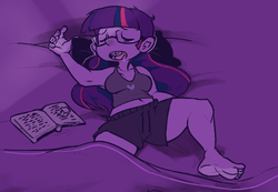 Size: 689x476 | Tagged: safe, artist:mangneto, twilight sparkle, human, g4, adorkable, armpits, barefoot, bed, braces, cute, dork, drool, feet, female, glasses, humanized, pony coloring, sleeping, solo