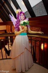 Size: 427x640 | Tagged: safe, artist:mandyneko, princess cadance, human, g4, 2013, all-con, bouquet, clothes, convention, cosplay, evening gloves, flower, irl, irl human, photo