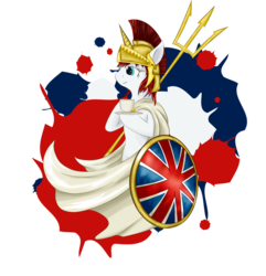 Size: 1280x1327 | Tagged: safe, artist:firenze, oc, oc only, oc:britannia, pony, b.u.c.k., bipedal, britain, buck, helmet, mascot, shield, simple background, solo, tea, teacup, transparent background, trident, united kingdom