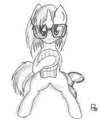 Size: 812x985 | Tagged: safe, artist:doublebackstitcharts, dj pon-3, vinyl scratch, g4, female, glasses, monochrome, solo, traditional art