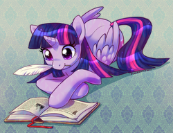 Size: 920x707 | Tagged: safe, artist:puriponii, twilight sparkle, alicorn, pony, g4, book, female, mare, mouth hold, quill, reading, solo, twilight sparkle (alicorn)