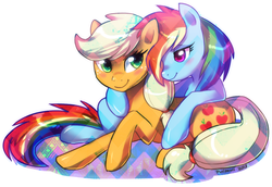 Size: 900x619 | Tagged: safe, artist:puriponii, applejack, rainbow dash, g4, blushing, female, lesbian, ship:appledash, shipping