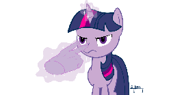 Size: 872x486 | Tagged: safe, artist:shoroch, twilight sparkle, pony, unicorn, g4, animated, female, frown, gesture, gif, glare, glowing, glowing horn, hand, horn, i'm watching you, magic, magic aura, magic hands, mare, pointing, raised eyebrow, signature, simple background, solo, unicorn twilight, white background