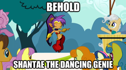 Size: 625x351 | Tagged: safe, edit, edited screencap, screencap, bon bon, lemon hearts, mayor mare, sweetie drops, genie, pony, g4, my little pony: friendship is magic, the last roundup, behold, belly button, butt, caption, image macro, kickstarter, plot, shantae, shantae (character), text, tree