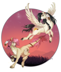 Size: 1100x1300 | Tagged: safe, artist:cigarscigarettes, oc, oc only, oc:dusty, oc:riverwind, pegasus, pony, feather, flying, pale belly, unshorn fetlocks