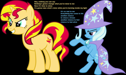 Size: 1554x935 | Tagged: safe, sunset shimmer, trixie, pony, unicorn, g4, alter bridge, burn in my light, edge, mercy drive, metalingus, randy orton, rated rko, song reference, wwe