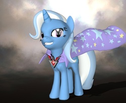 Size: 993x812 | Tagged: safe, artist:rachidile, trixie, pony, unicorn, g4, 3d, alicorn amulet, female, grin, looking at you, mare, smiling, solo, source filmmaker, trixie's cape