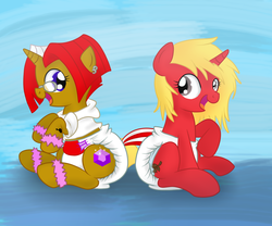 Size: 1200x1000 | Tagged: safe, artist:fillyscoots42, oc, oc only, pony, unicorn, diaper, diaper fetish, duo, fetish, non-baby in diaper, poofy diaper, sitting