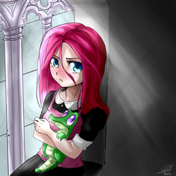 Size: 1300x1300 | Tagged: safe, artist:zorbitas, gummy, pinkie pie, human, g4, duo, humanized, pinkamena diane pie