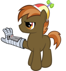 Size: 1024x1104 | Tagged: safe, artist:clamstacker, button mash, earth pony, pony, g4, blank flank, colt, foal, hat, hooves, it's so bad, male, nintendo entertainment system, power glove, propeller hat, simple background, solo, transparent background, vector