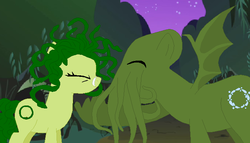 Size: 681x389 | Tagged: safe, artist:selenaede, gorgon, monster pony, pony, cthulhu, duo, eyes closed, medusa, ponified, tentacles
